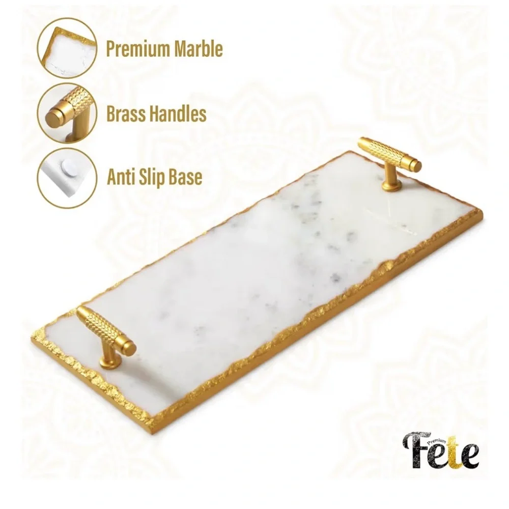 Guest Towel Holder Tray for Bathroom - White Marble Tray with Gold Rim NEW